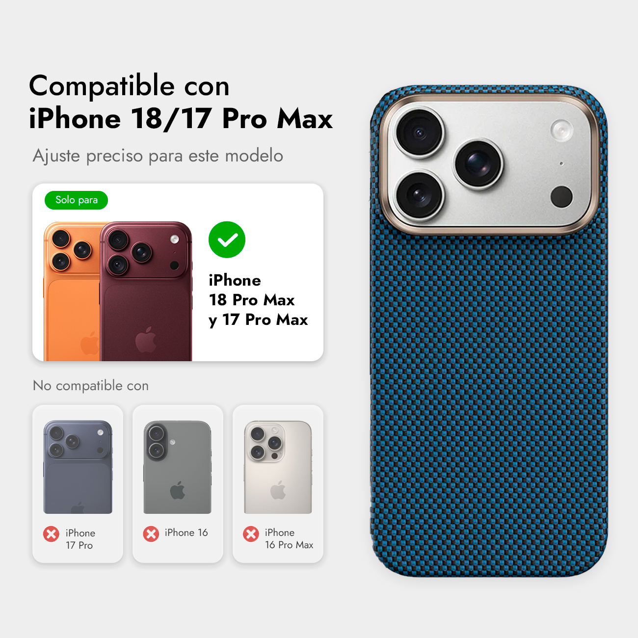 Fundas azules para móvil iPhone, modelos compatibles e incompatibles mostrados al fondo.