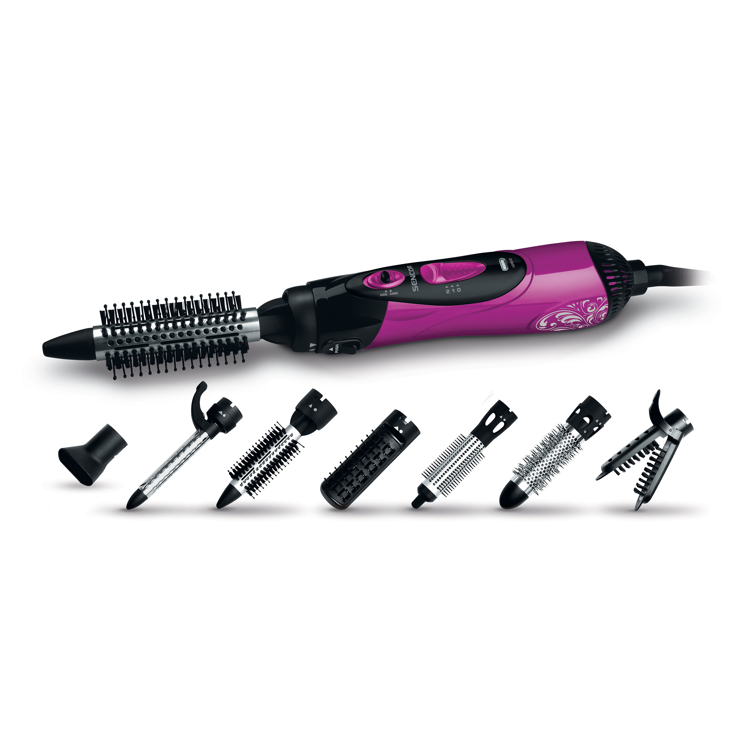 Pink-schwarzer Airstyler mit verschiedenen Aufsätzen auf weißem Hintergrund.