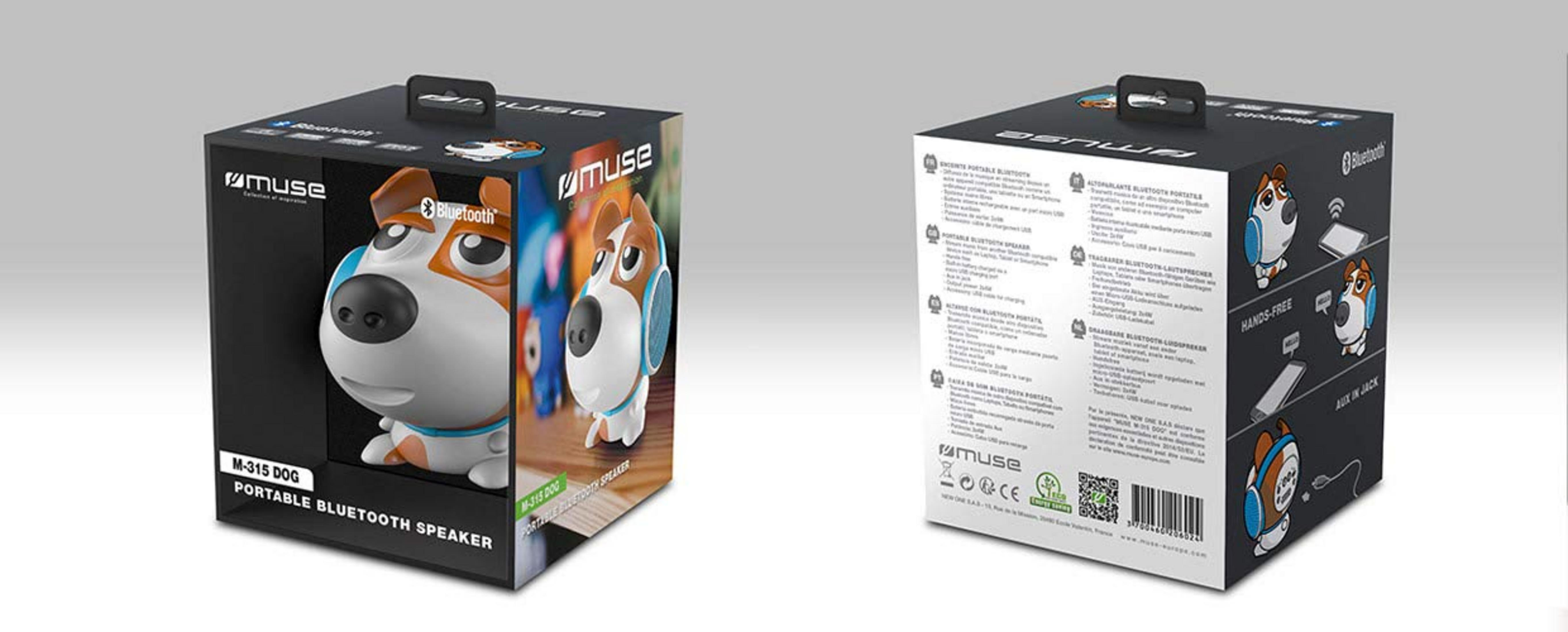 Empaque y vista frontal de un altavoz Bluetooth portátil con forma de perro y auriculares.