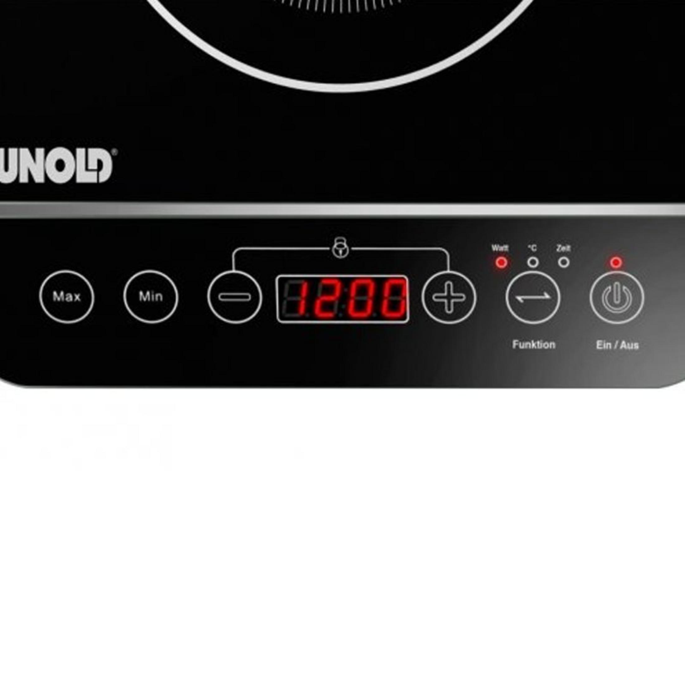 Pannello di controllo di un piano cottura a induzione Unold con display LED rosso, pulsanti e interruttore.