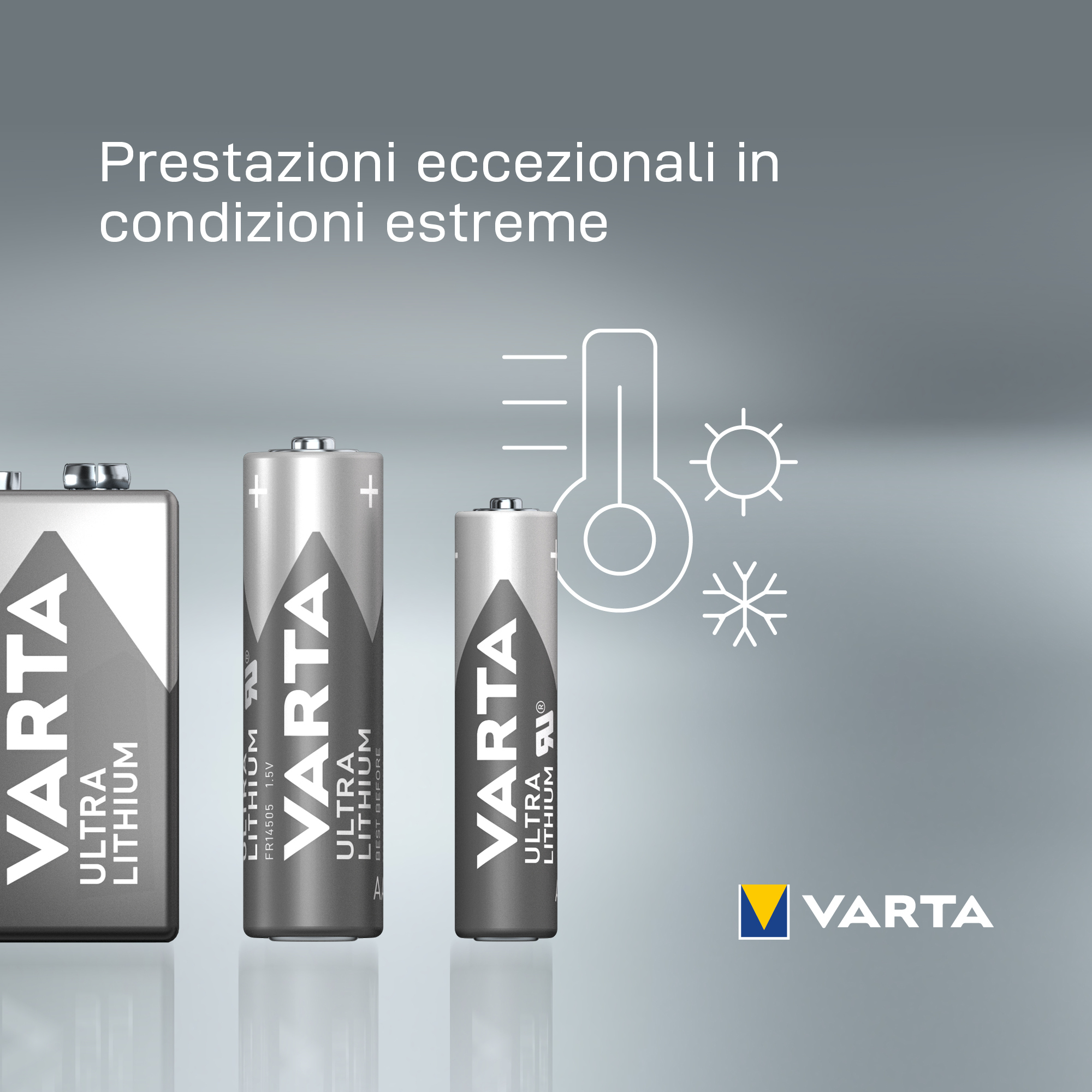 Tres baterías Varta Ultra Lithium sobre fondo gris con iconos de termómetro, sol y copo de nieve.