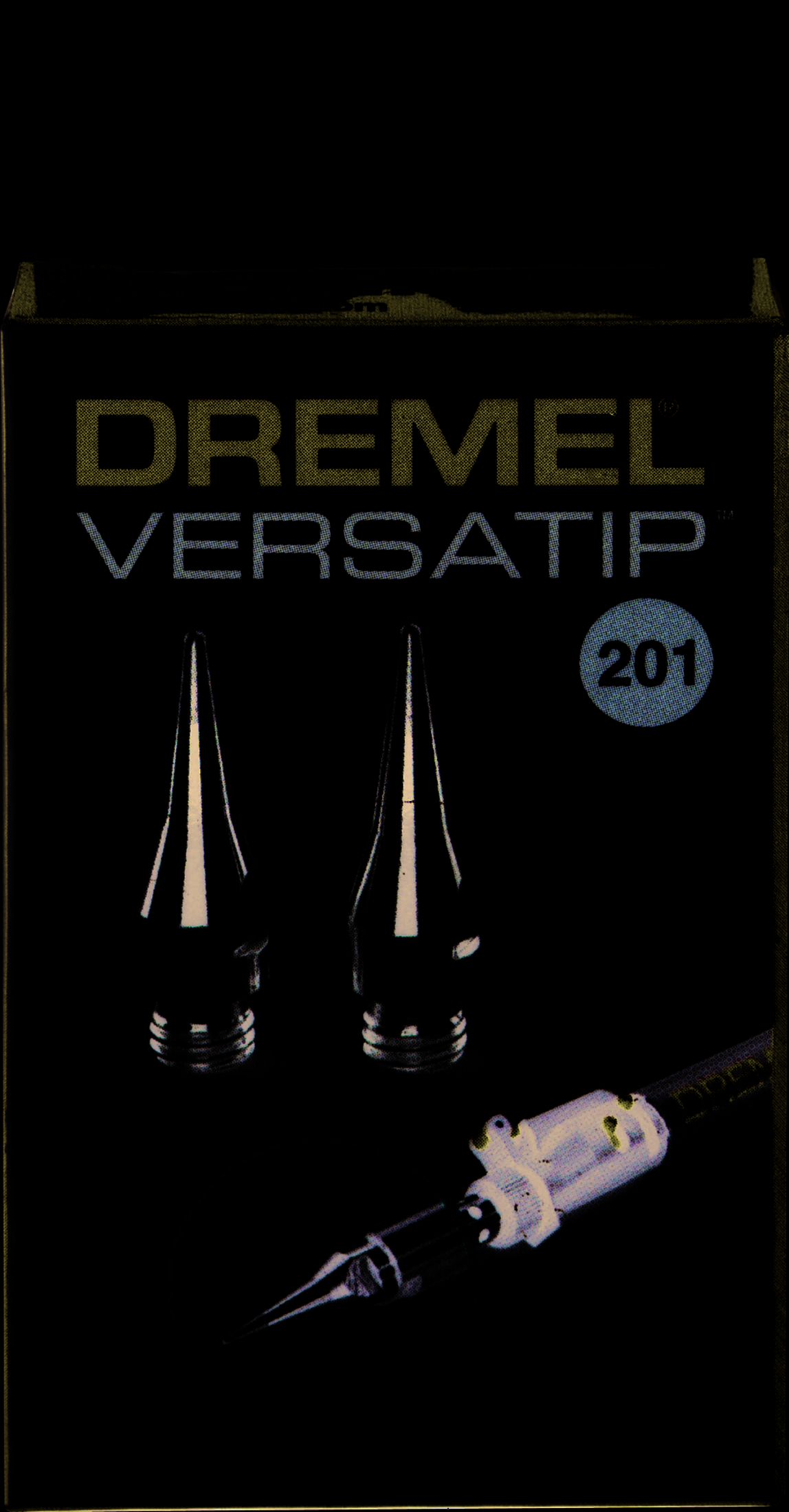 Dremel VersaTip 201 Verpackung mit Metalloetspitzen und Werkzeugteil vor dunklem Hintergrund.