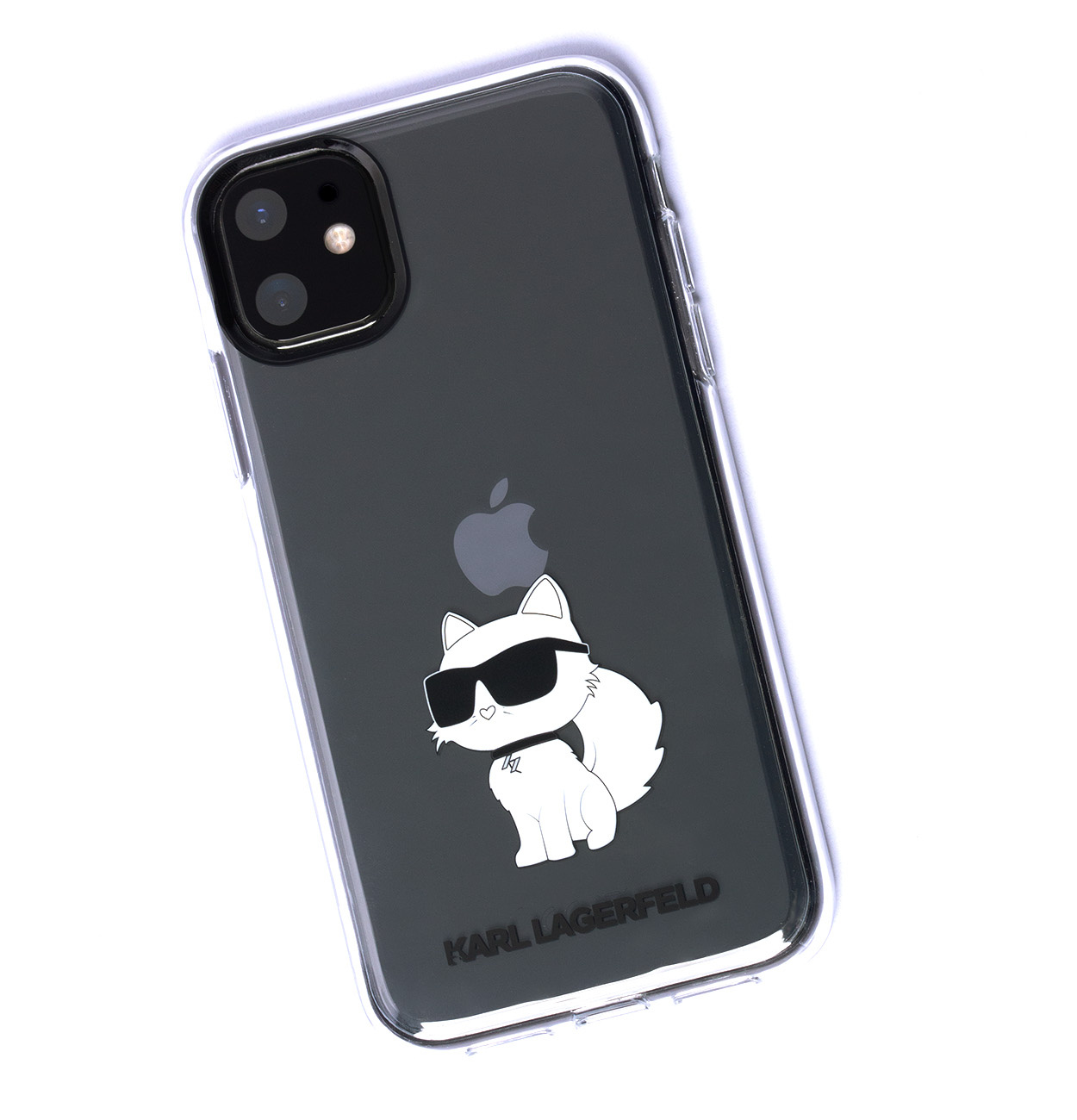 Siyah Apple logolu ve güneş gözlüklü beyaz kedi illüstrasyonlu şeffaf telefon kılıfı.