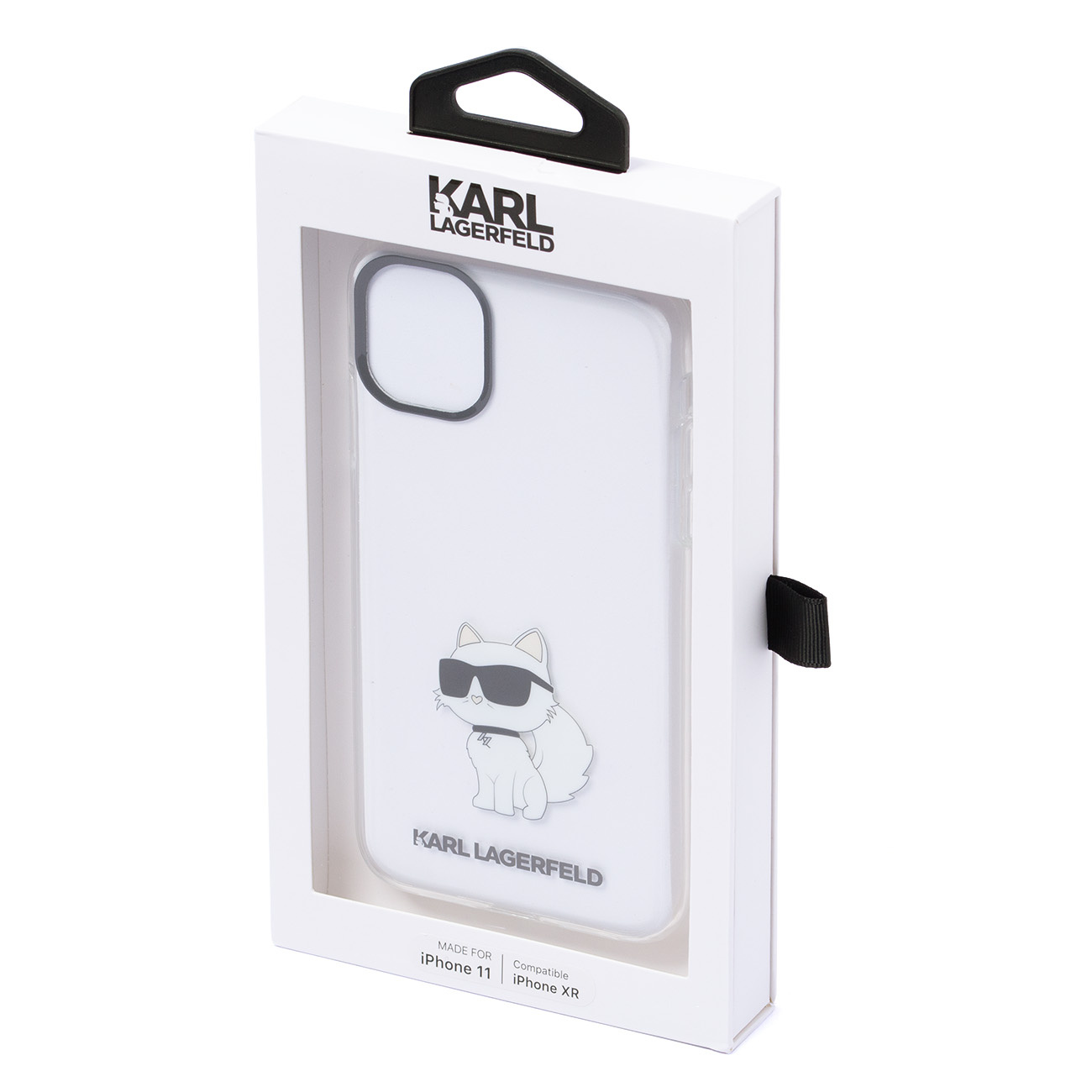 iPhone 11 ve XR için beyaz ambalajlı kedi motifli Karl Lagerfeld telefon kılıfı.