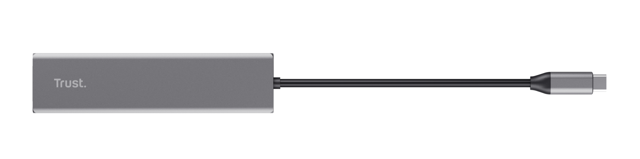 Gray Trust USB-C hub with attached cable and connector on a white background.