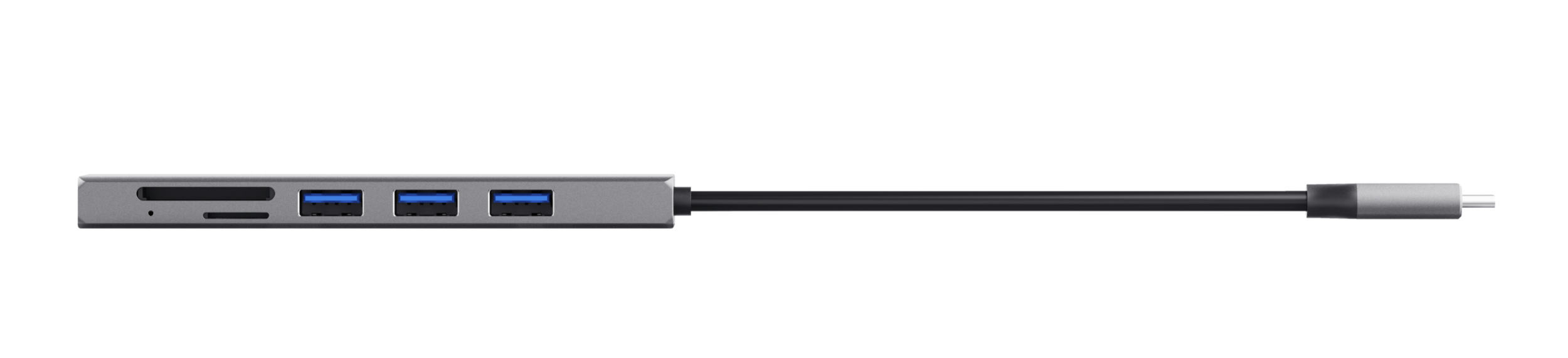 Gray USB-C hub with three USB ports, two card readers, and an attached cable on a white background.