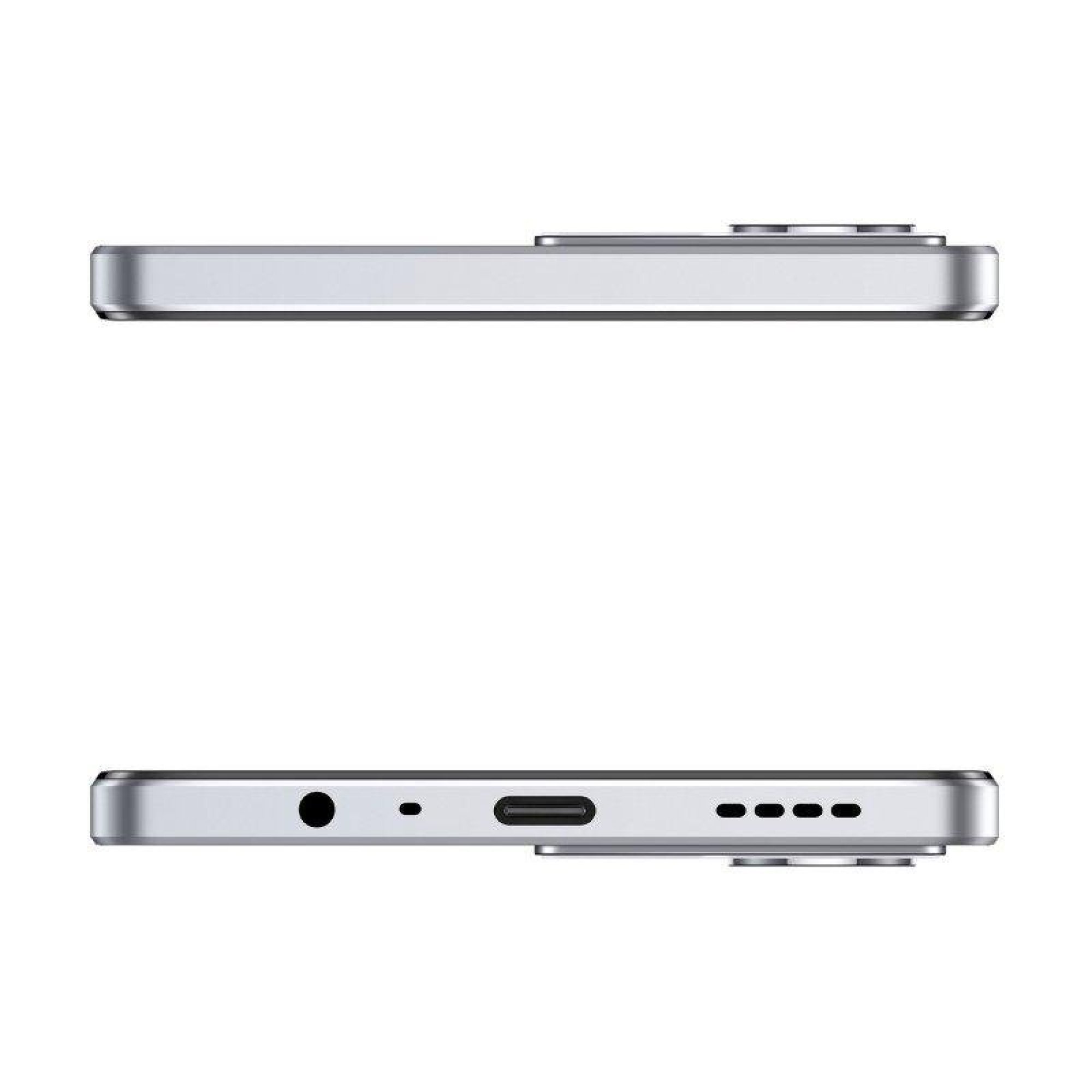 Ober- und Unterseite eines silbergrauen Smartphones mit Anschlüssen und Knöpfen.