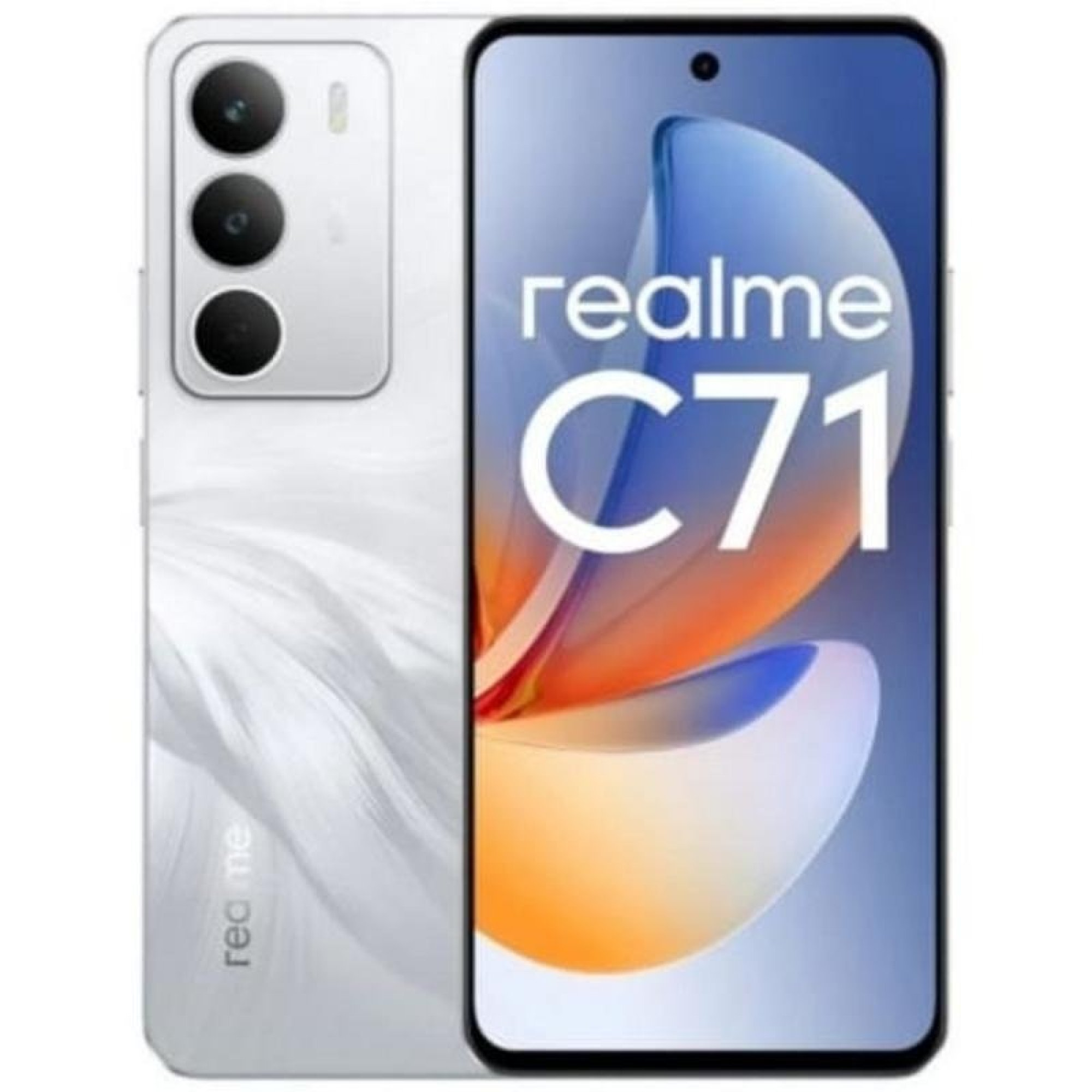 Front- und Rückansicht eines weißen Realme C71 Smartphones mit Dreifach-Kamera und buntem Display.
