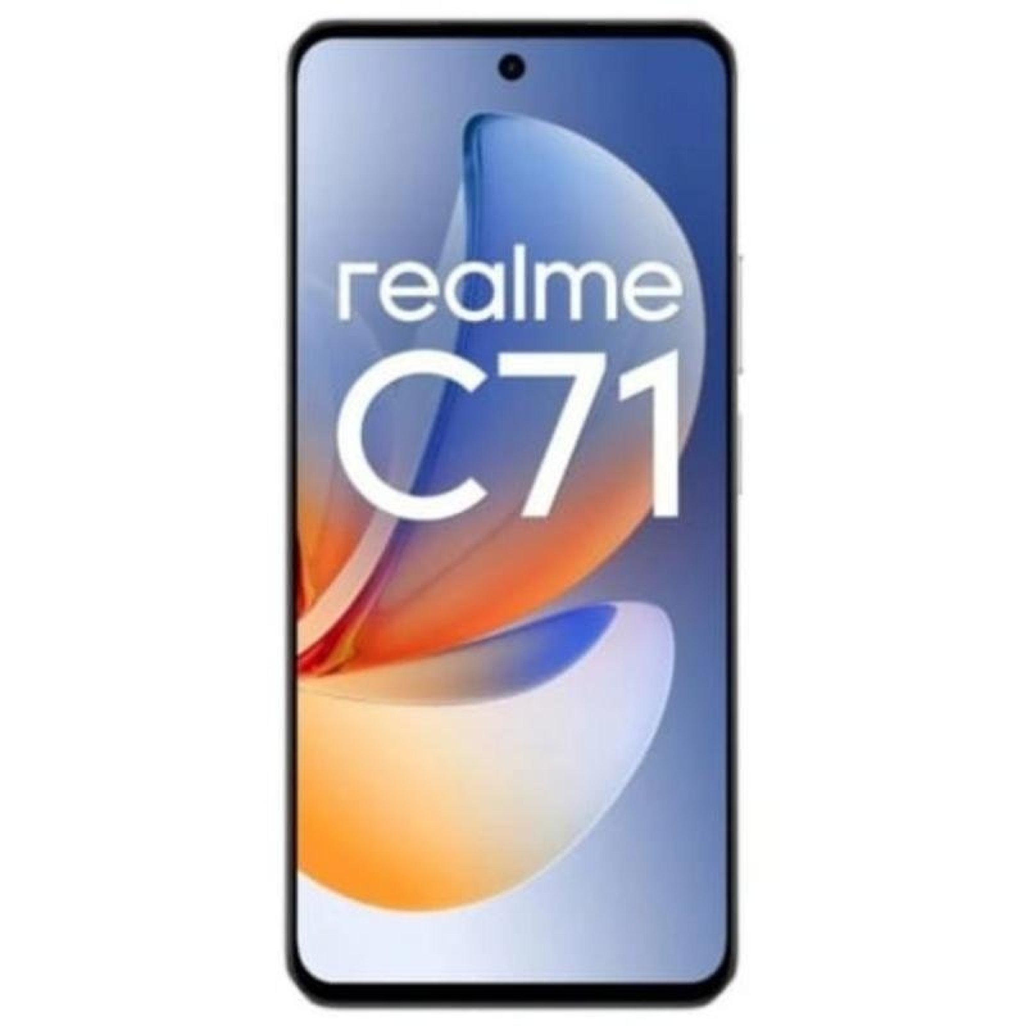 Ein Smartphone zeigt das Realme C71 Logo auf blau-oranger abstrakter Hintergrund.