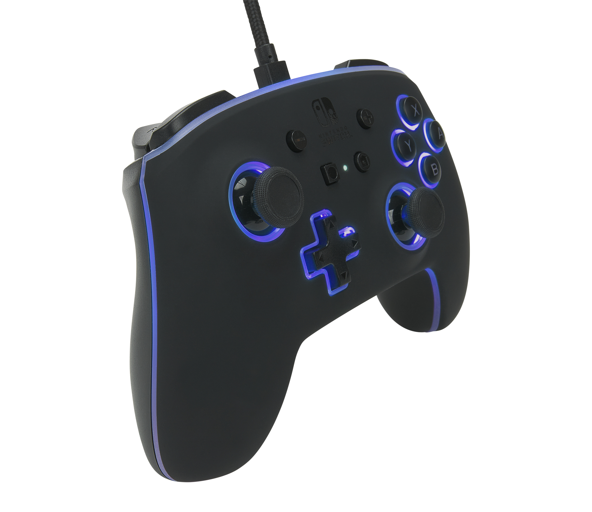 Controlador negro para Nintendo Switch con iluminación LED azul y cable conectado sobre fondo blanco.