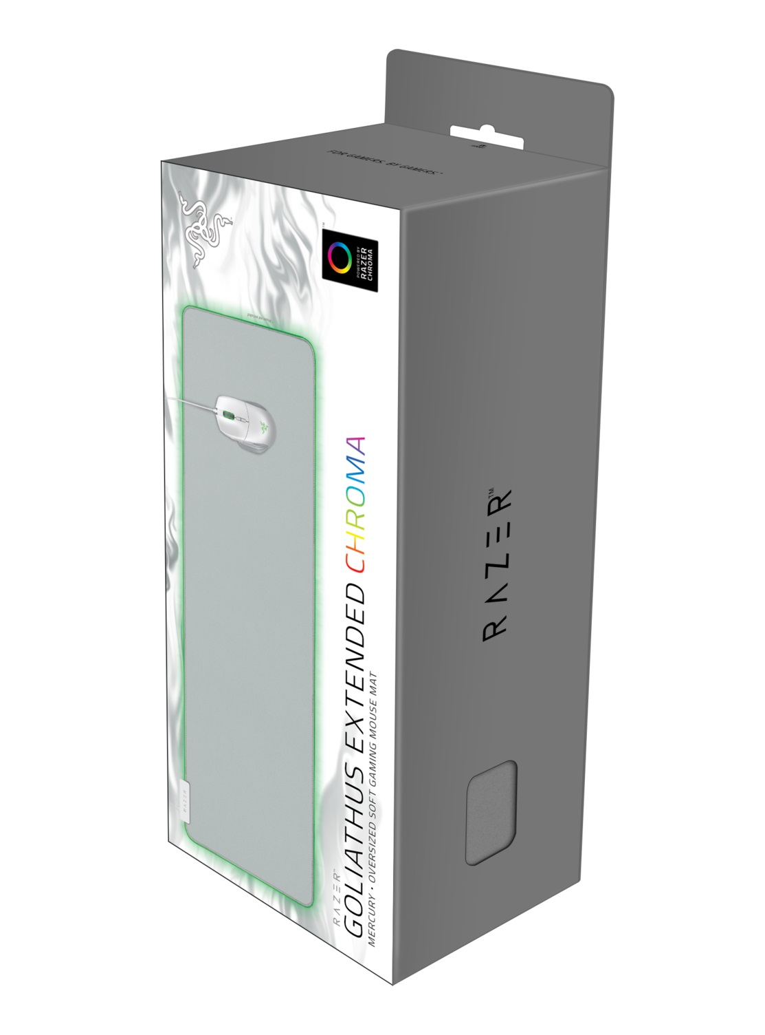 Verpackung der Razer Goliathus Extended Chroma Mausmatte in Grau mit Produktbild auf der Vorderseite.
