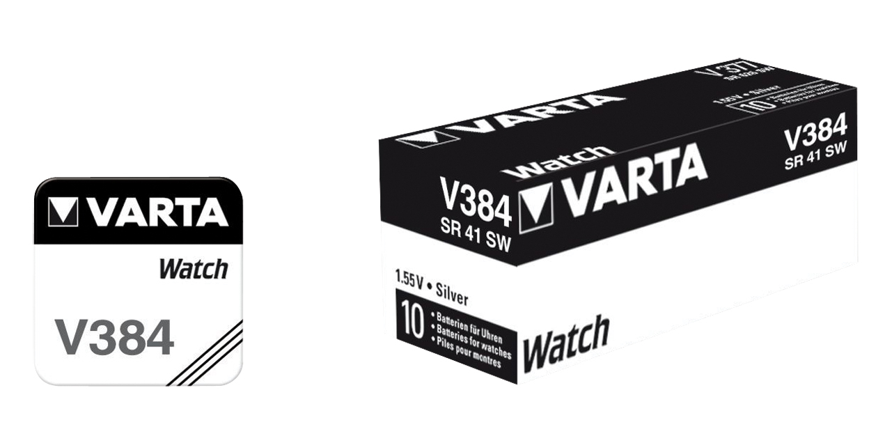 Empaque y etiqueta de batería de reloj Varta V384 en blanco y negro.