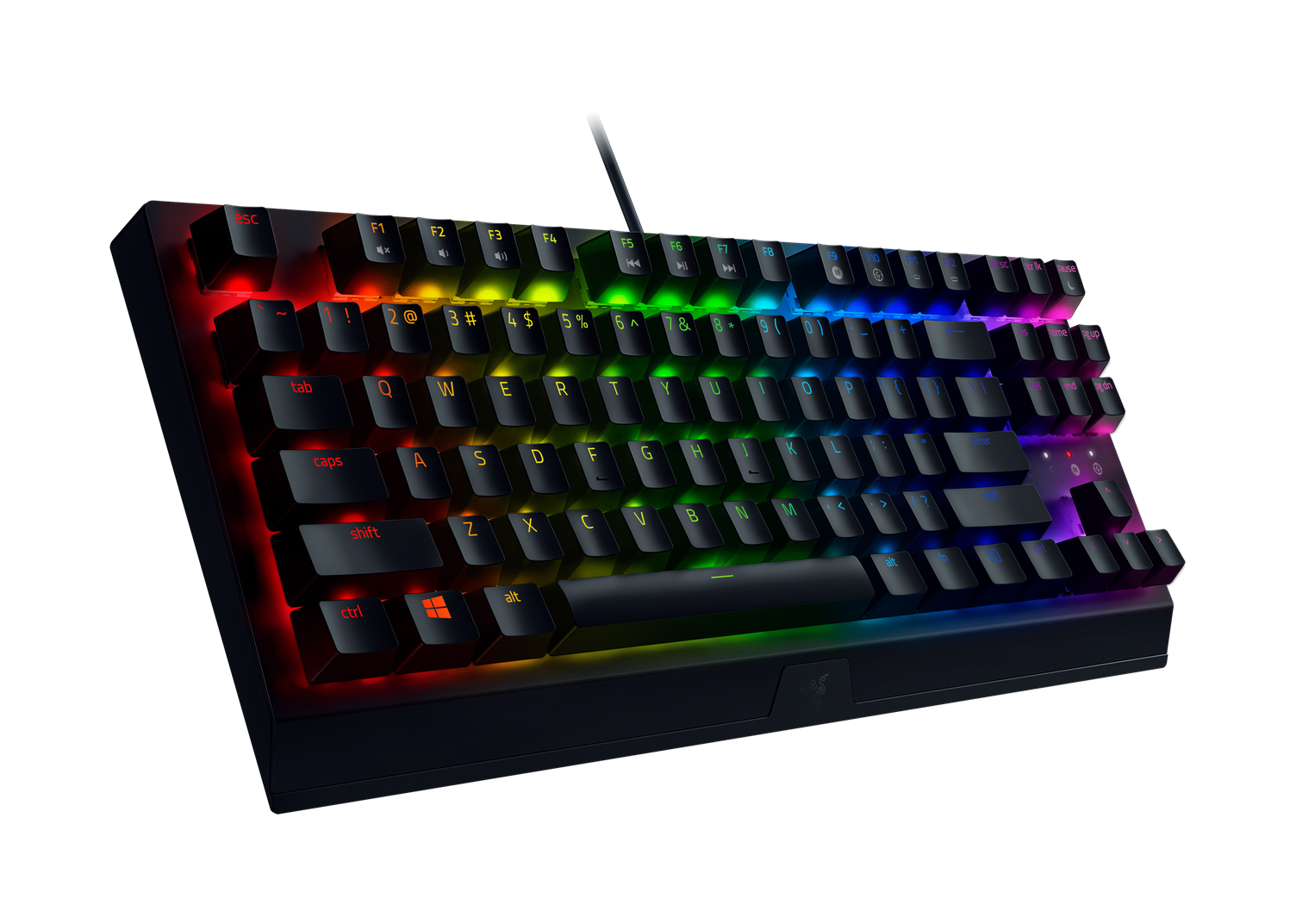 Eine schwarze Gaming-Tastatur mit bunter RGB-Hintergrundbeleuchtung auf weißem Hintergrund.