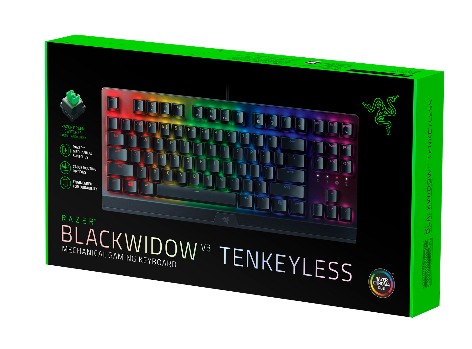 Verpackung der Razer BlackWidow V3 Tenkeyless mechanischen Gaming-Tastatur mit RGB-Beleuchtung.