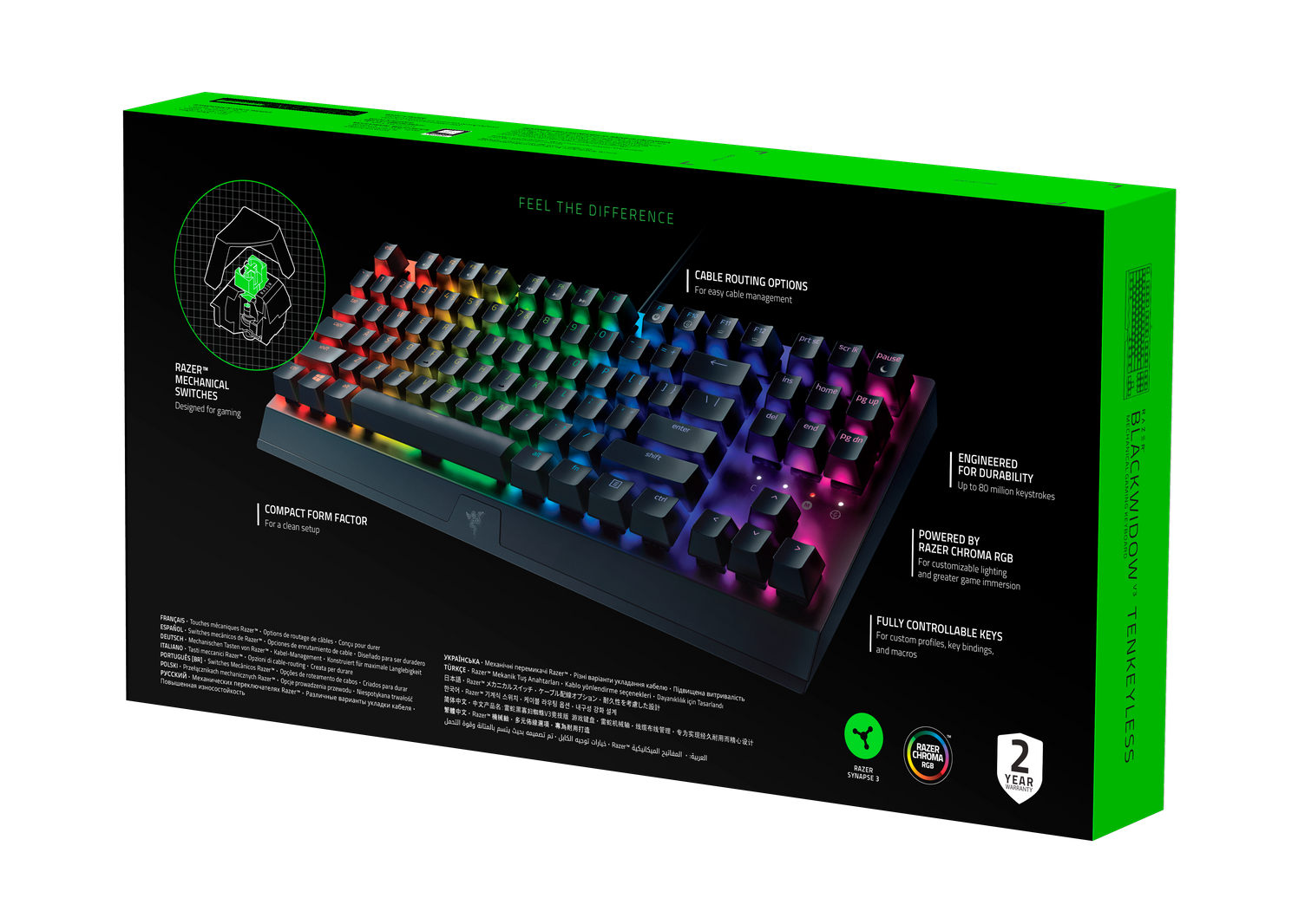 Die grüne Verpackung der Razer BlackWidow V3 Tenkeyless Tastatur zeigt das Produkt mit RGB-Beleuchtung.