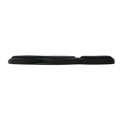 A long, flat black keyboard wrist rest set against a white background.