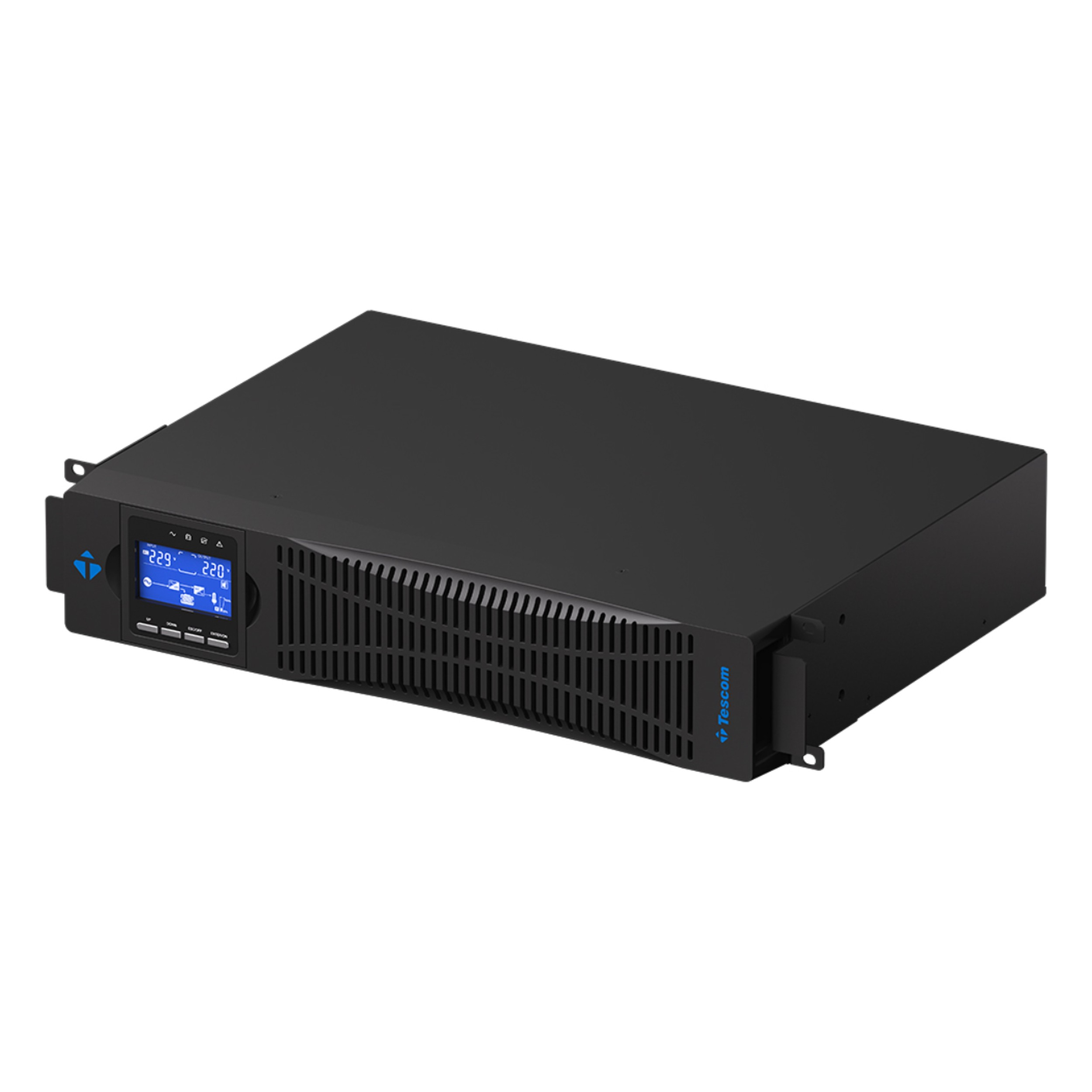 Beyaz arka planda mavi LCD ekranlı ve havalandırma ızgaralı siyah Tescom UPS cihazı.