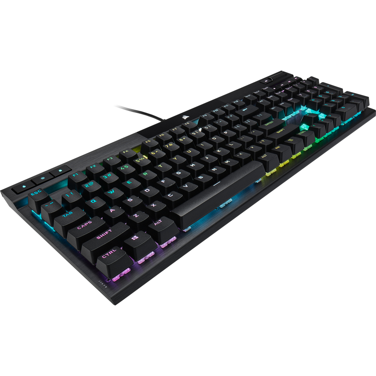 Un teclado mecánico para juegos negro con retroiluminación RGB personalizable sobre fondo blanco.