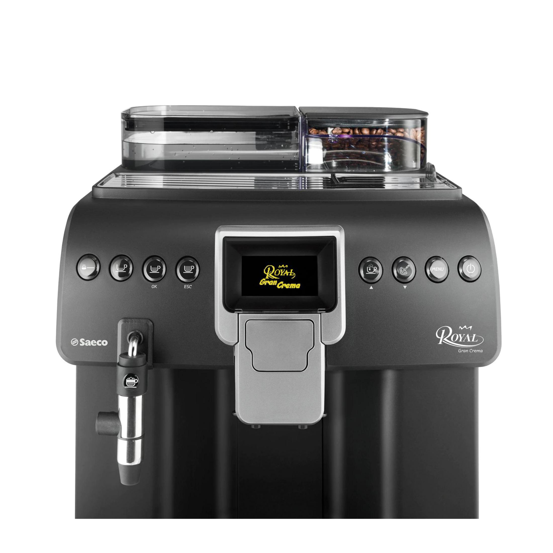 Cafetera negra Saeco Royal Gran Crema con pantalla, botones y tolva de granos arriba.