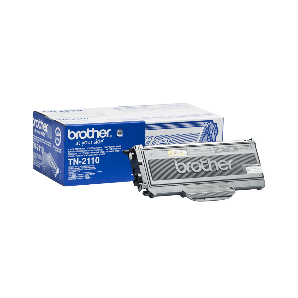 Una cartuccia toner grigia Brother TN-2110 davanti alla sua scatola blu e bianca su sfondo bianco.