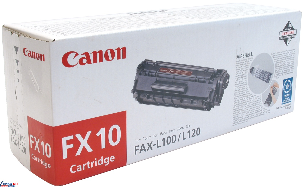 Un cartucho de tóner Canon FX10 en su embalaje original blanco y rojo.