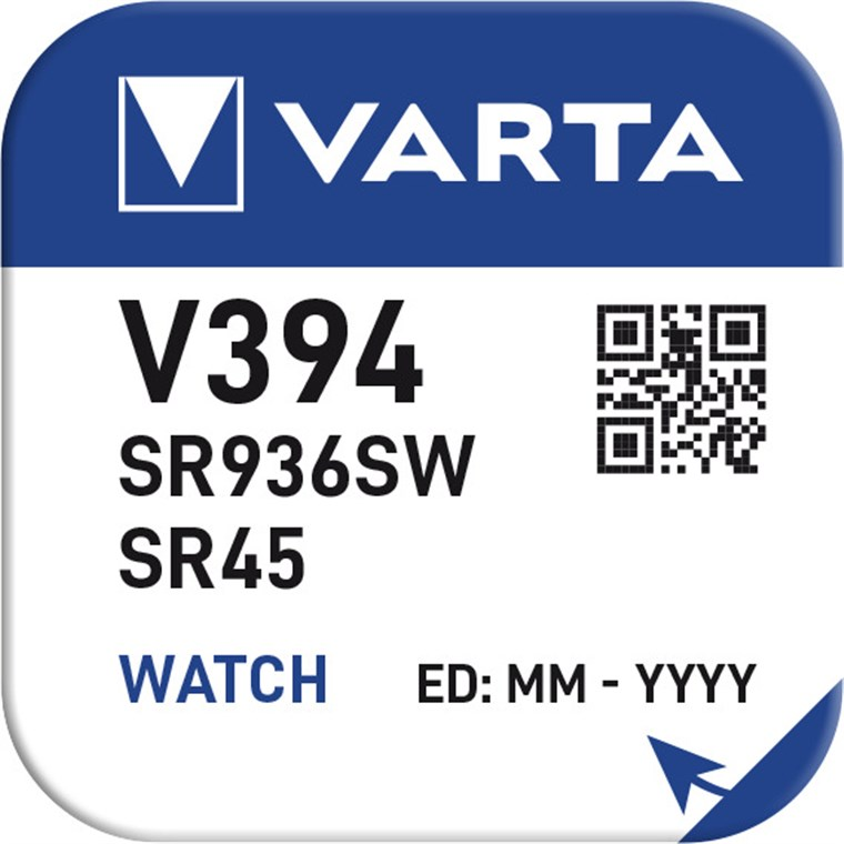 Étiquette d'emballage de pile de montre Varta V394 avec code QR.