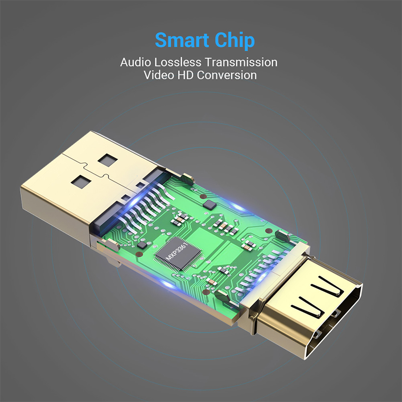 Un diagrama técnico muestra un adaptador HDMI con un circuito verde visible para conversión de audio y video.