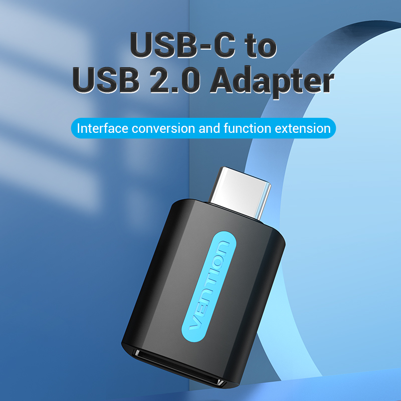 Czarny adapter USB-C na USB 2.0 marki Vention na niebieskim tle z tekstem.