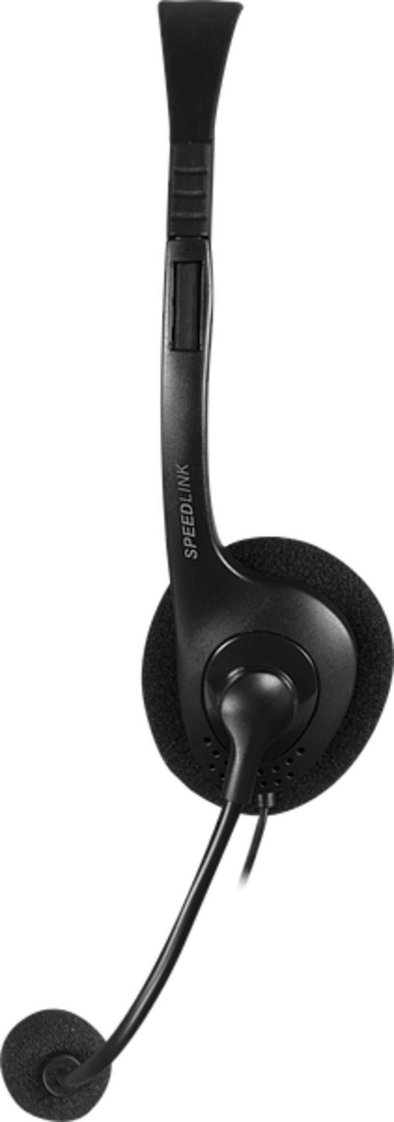 Un auricular mono negro Speedlink con una almohadilla y micrófono.