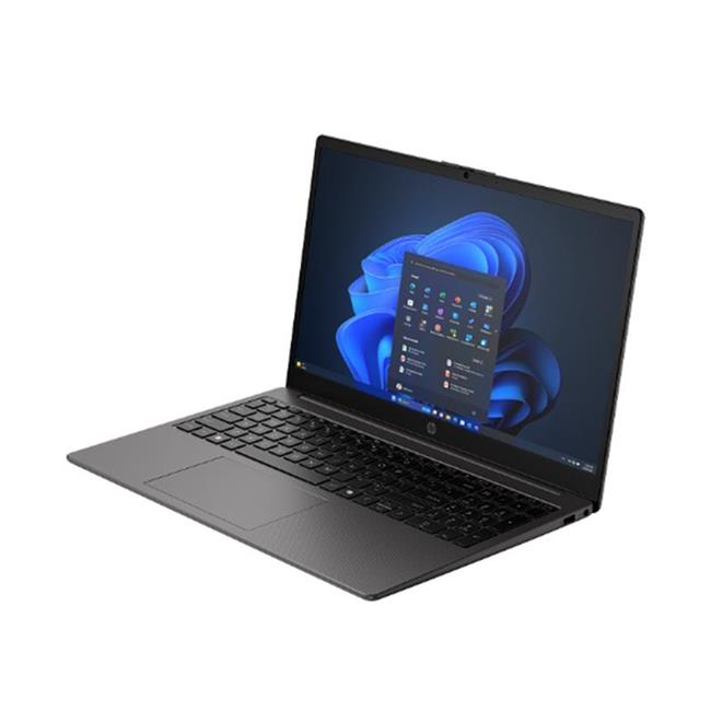 Beyaz arka plan üzerinde mavi Windows duvar kağıdı gösteren modern gri bir HP dizüstü bilgisayar.