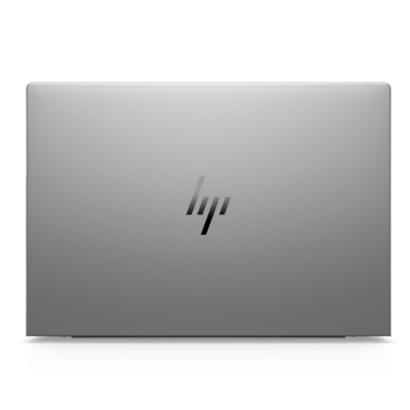 Beyaz arka plan üzerinde ortasında HP logosu bulunan kapalı gümüş renkli dizüstü bilgisayar.