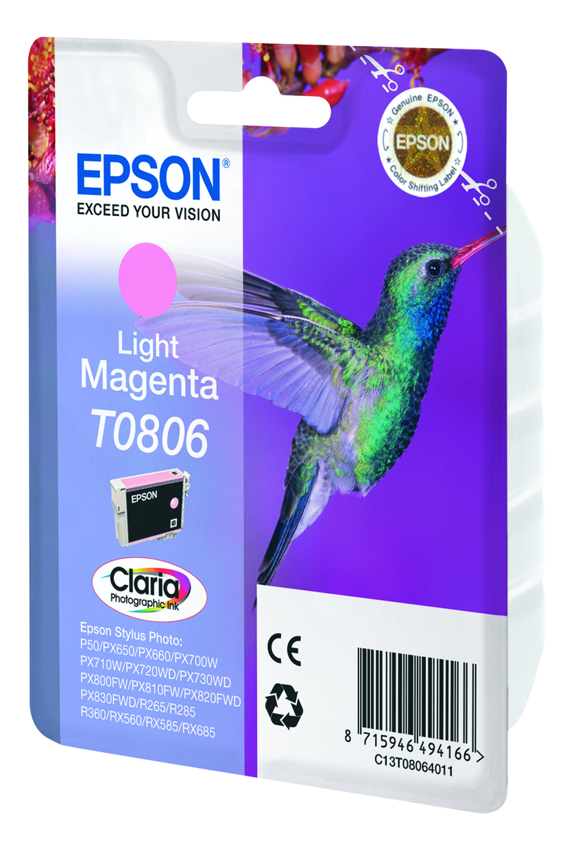 Epson Light Magenta T0806 Tintenpatrone mit Kolibri und Druckerkompatibilitätsliste.