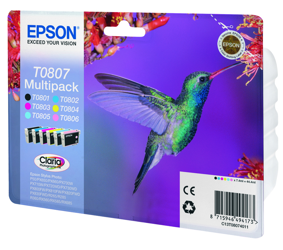 Multipaquete de tinta Epson T0807 con la imagen de un colibrí en el empaque azul-violeta.