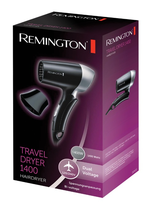 Boîte d'emballage pour un sèche-cheveux noir Remington Travel Dryer 1400 avec accessoires.