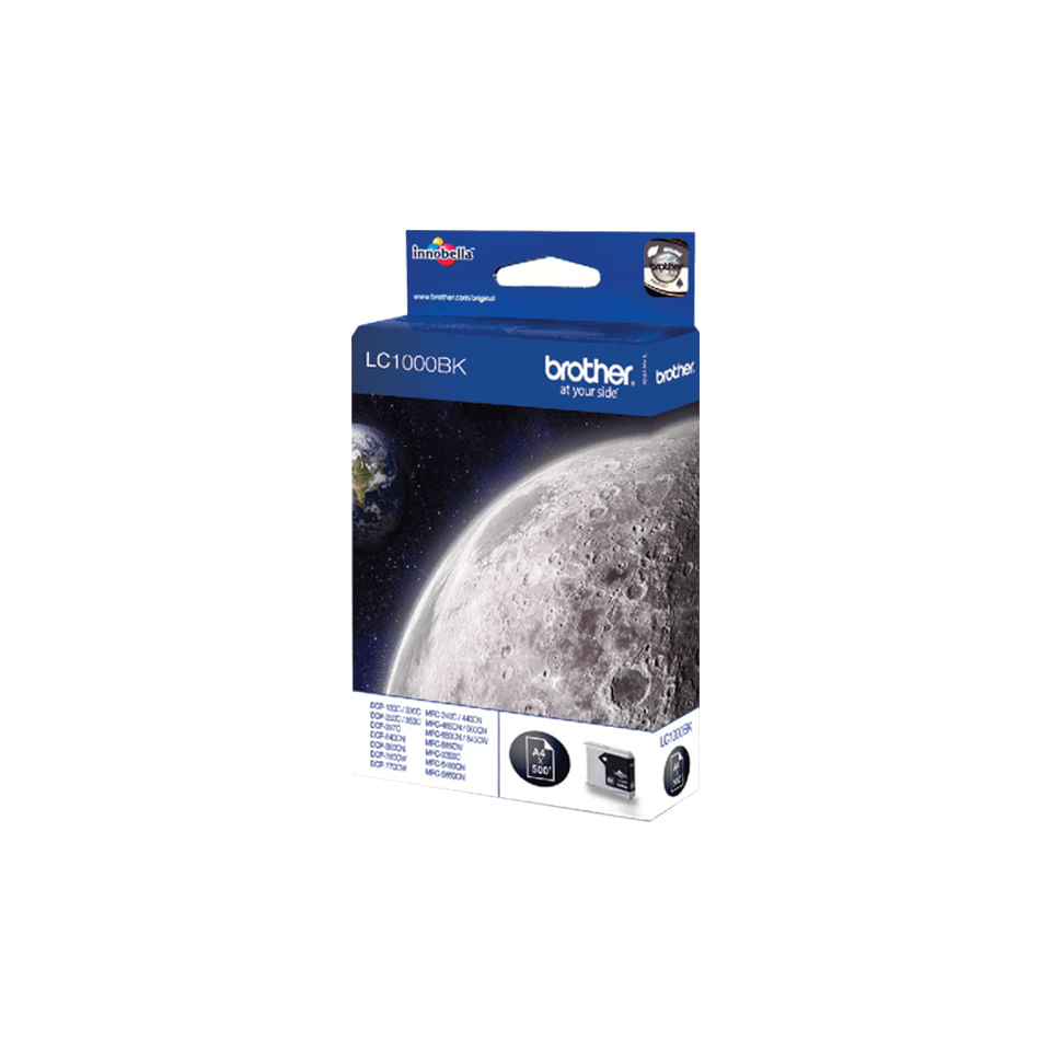 Confezione di cartucce d'inchiostro Brother LC1000BK con design della luna su sfondo blu e bianco.