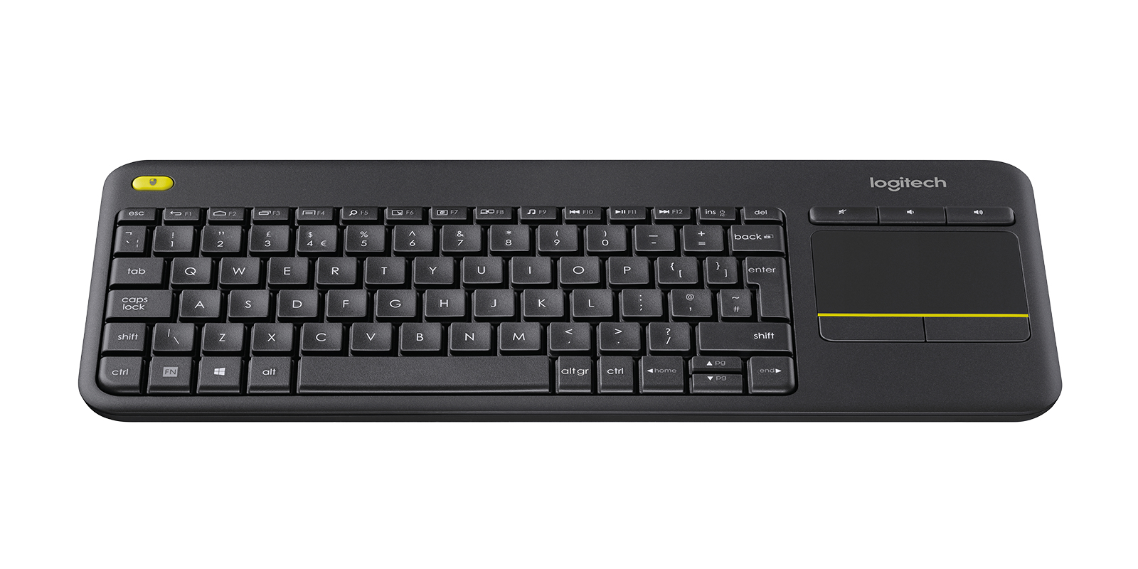 Teclado inalámbrico negro Logitech con panel táctil integrado a la derecha y detalles amarillos.