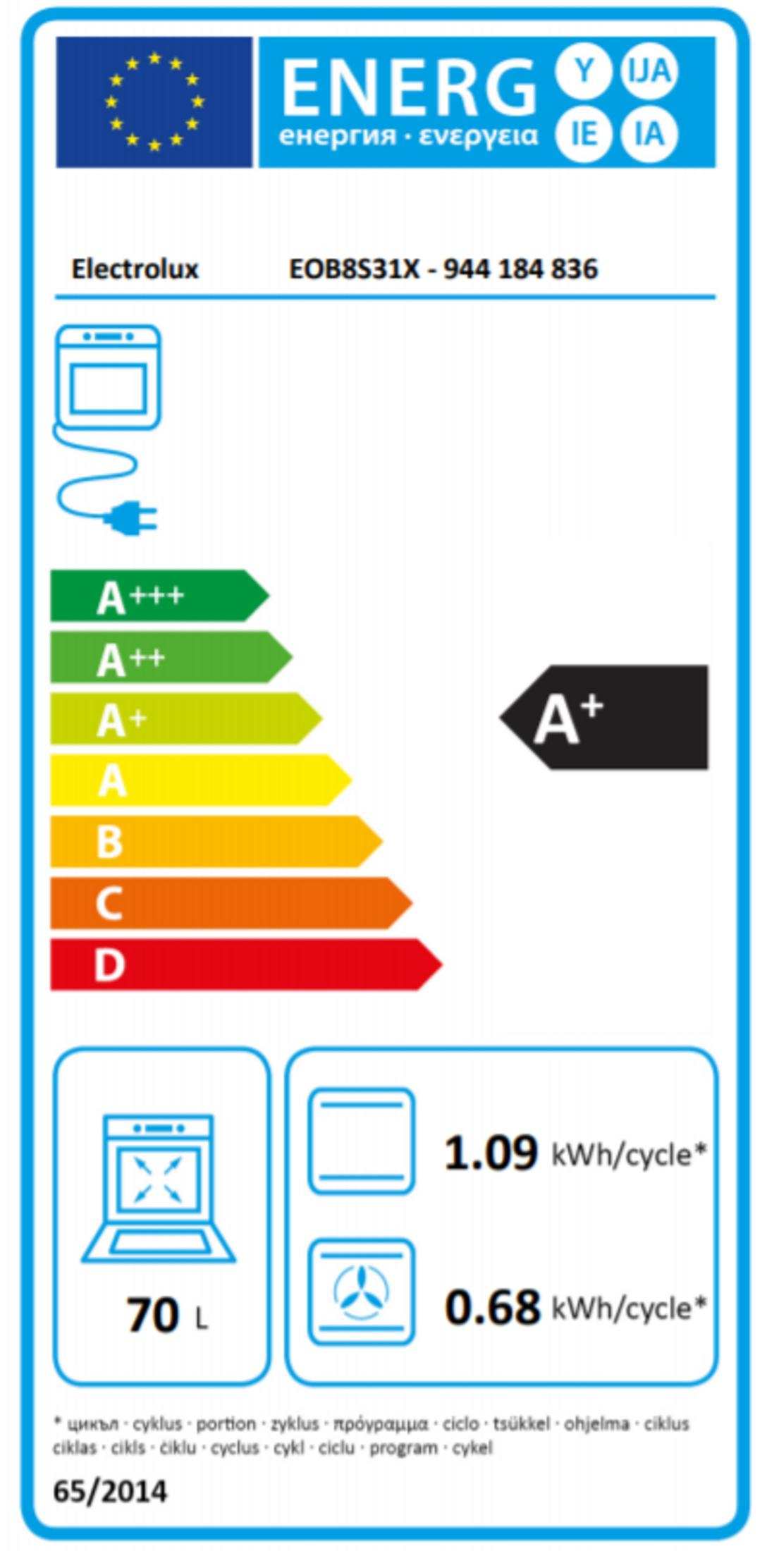 Etiqueta energética para horno Electrolux EOB8S31X, clase A+, capacidad 70 litros.