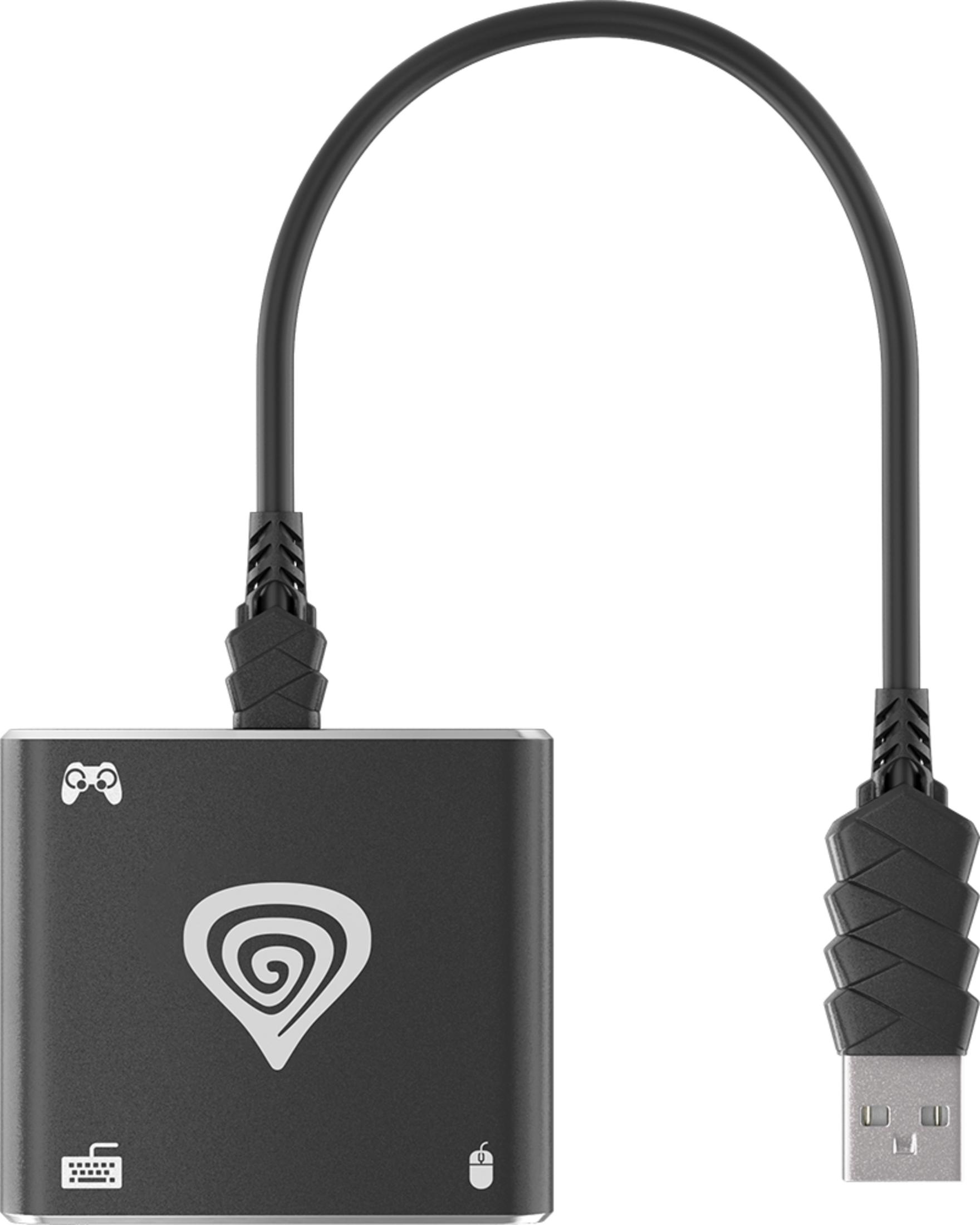 Czarny adapter do gier z białym logo i dołączonym kablem USB na gładkim tle.