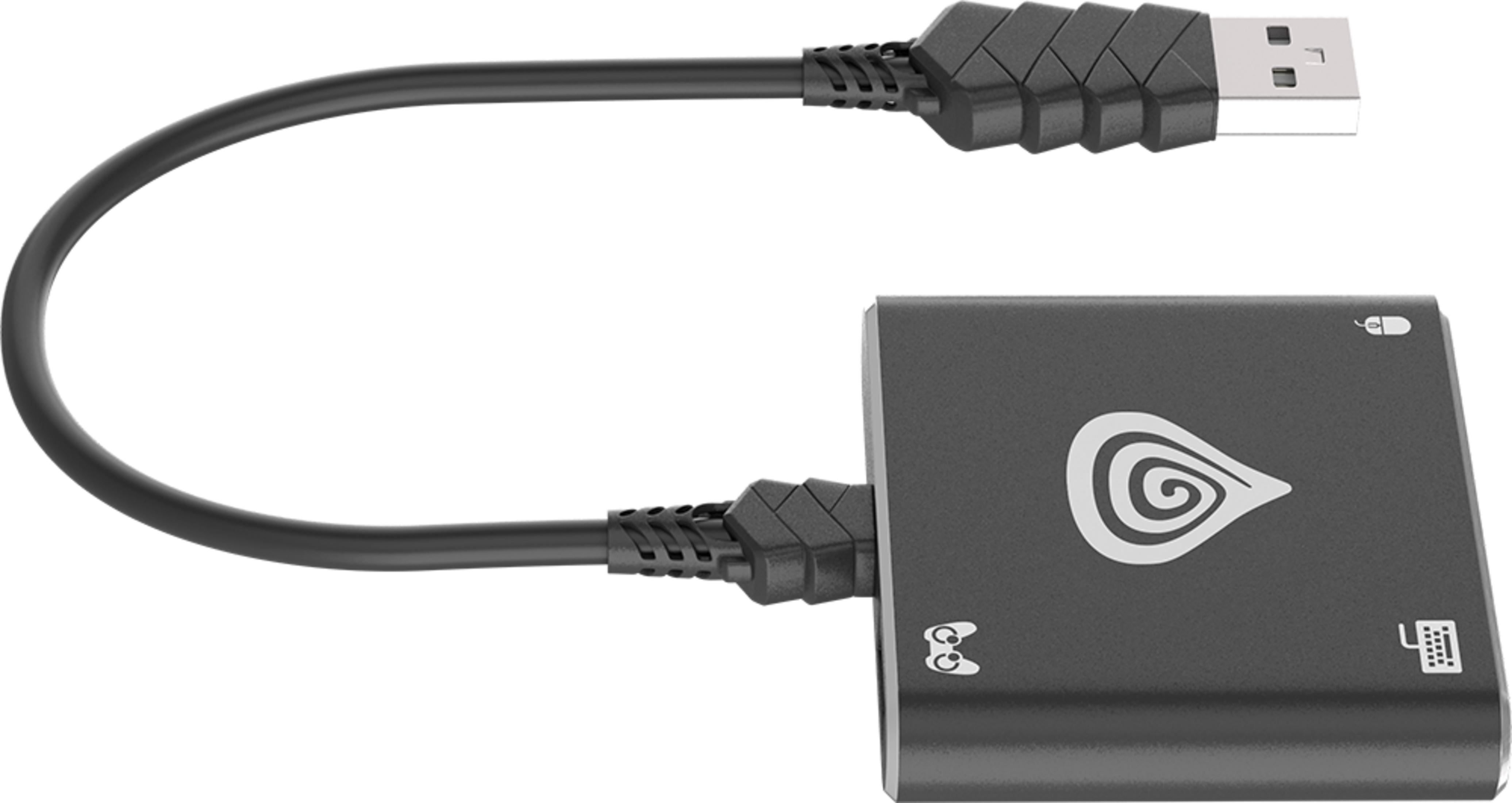 Czarny adapter USB z kablem i różnymi ikonami połączeń.