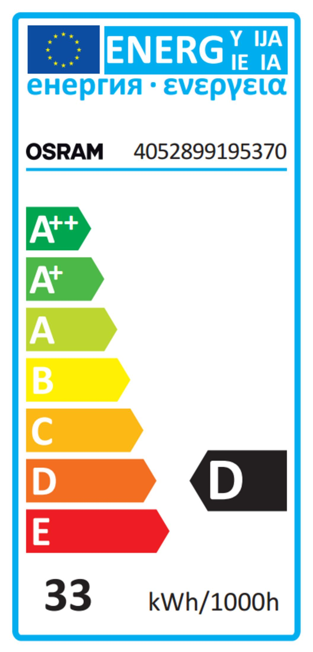 Osram-Energieeffizienzlabel zeigt Klasse D und 33 kWh pro 1000h an.