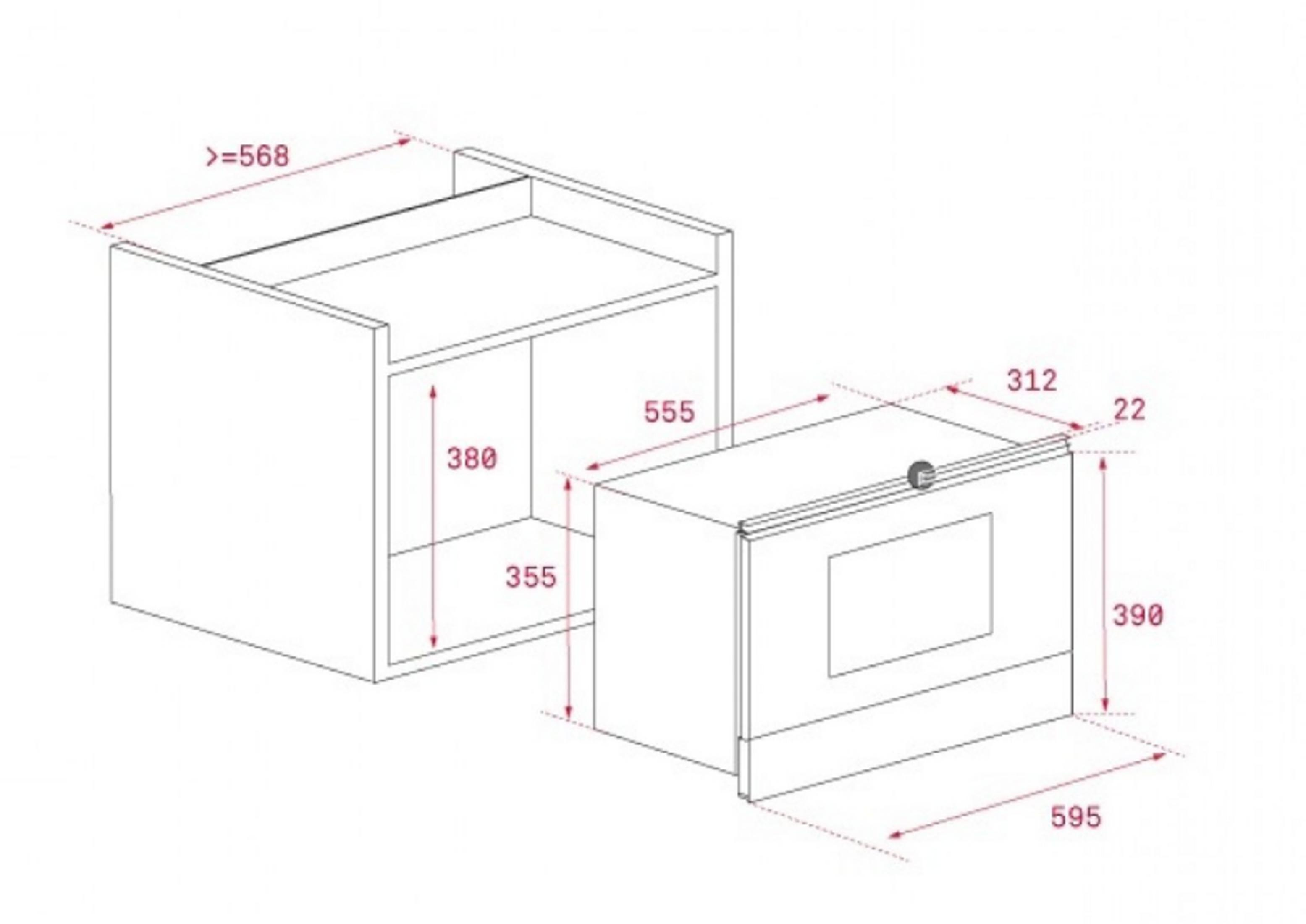 Dibujo técnico de un armario de cocina con dimensiones en milímetros y líneas de medición rojas.