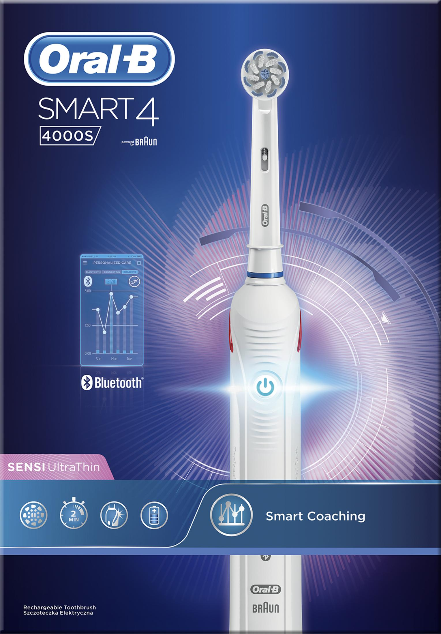 Spazzolino elettrico Oral-B Smart 4 4000S su sfondo blu con caratteristiche.