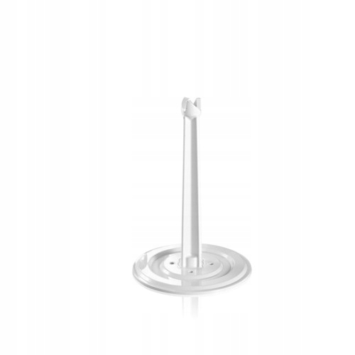 Un soporte de cuchilla de plástico blanco con base redonda y vástago vertical sobre fondo blanco.