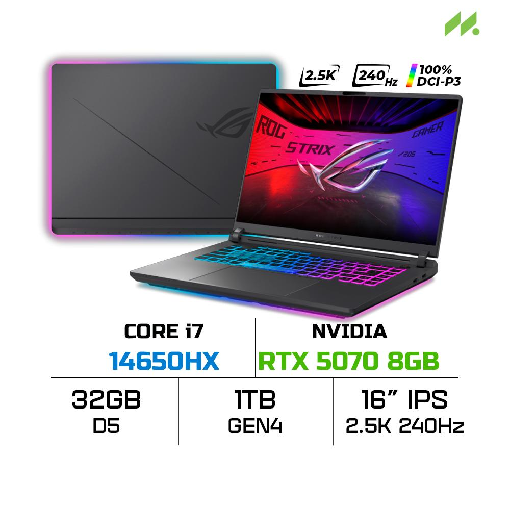 Core i7, RTX 5070, 32GB RAM, 1TB SSD ve 16 inç 240Hz ekrana sahip ASUS ROG Strix oyuncu dizüstü bilgisayarı.