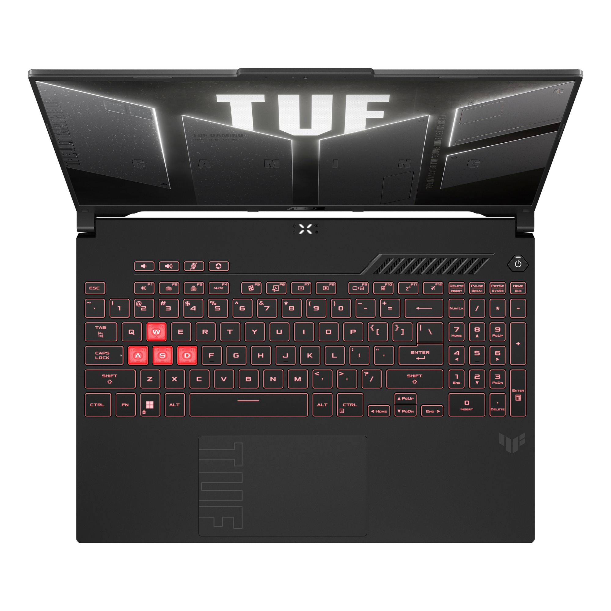 Kırmızı arkadan aydınlatmalı klavyeye ve vurgulanan WASD tuşlarına sahip siyah bir Asus TUF oyuncu dizüstü bilgisayarı.