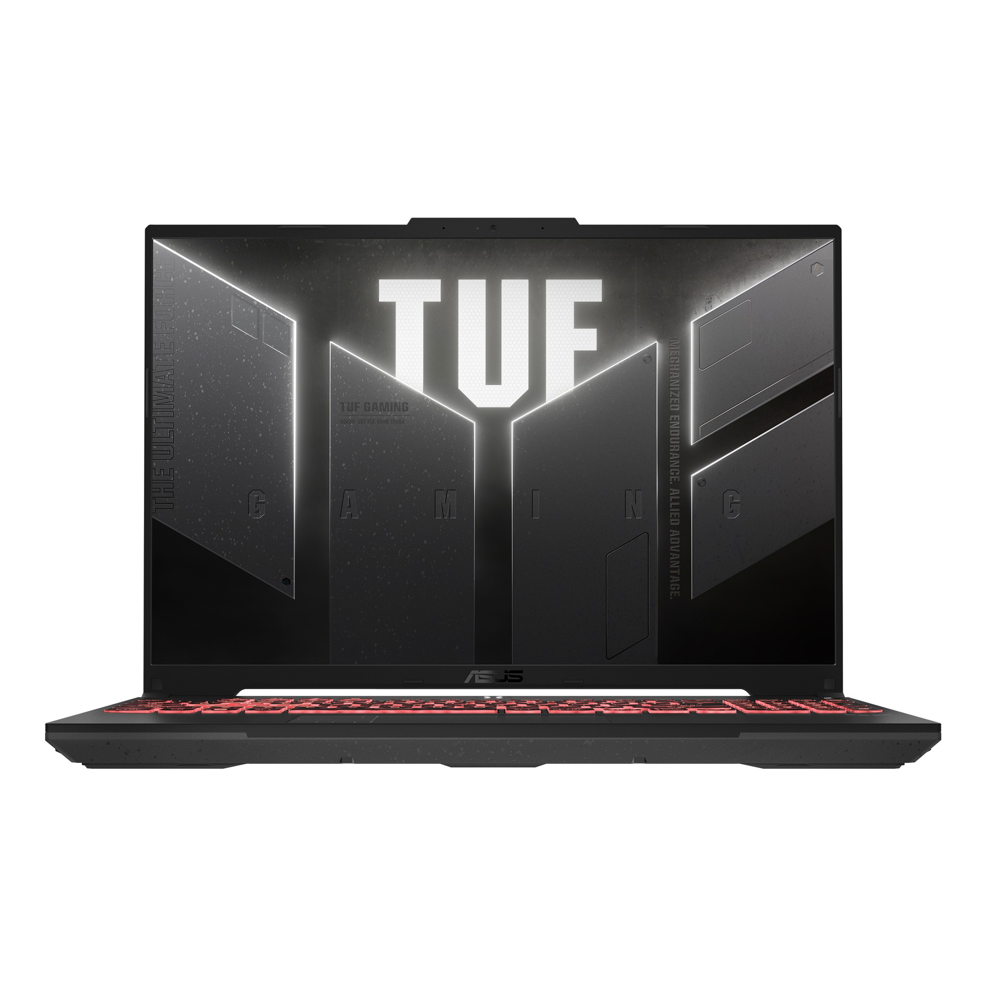 Kırmızı klavye arka ışığına ve ekranda TUF logosuna sahip siyah bir Asus TUF oyuncu dizüstü bilgisayarı.