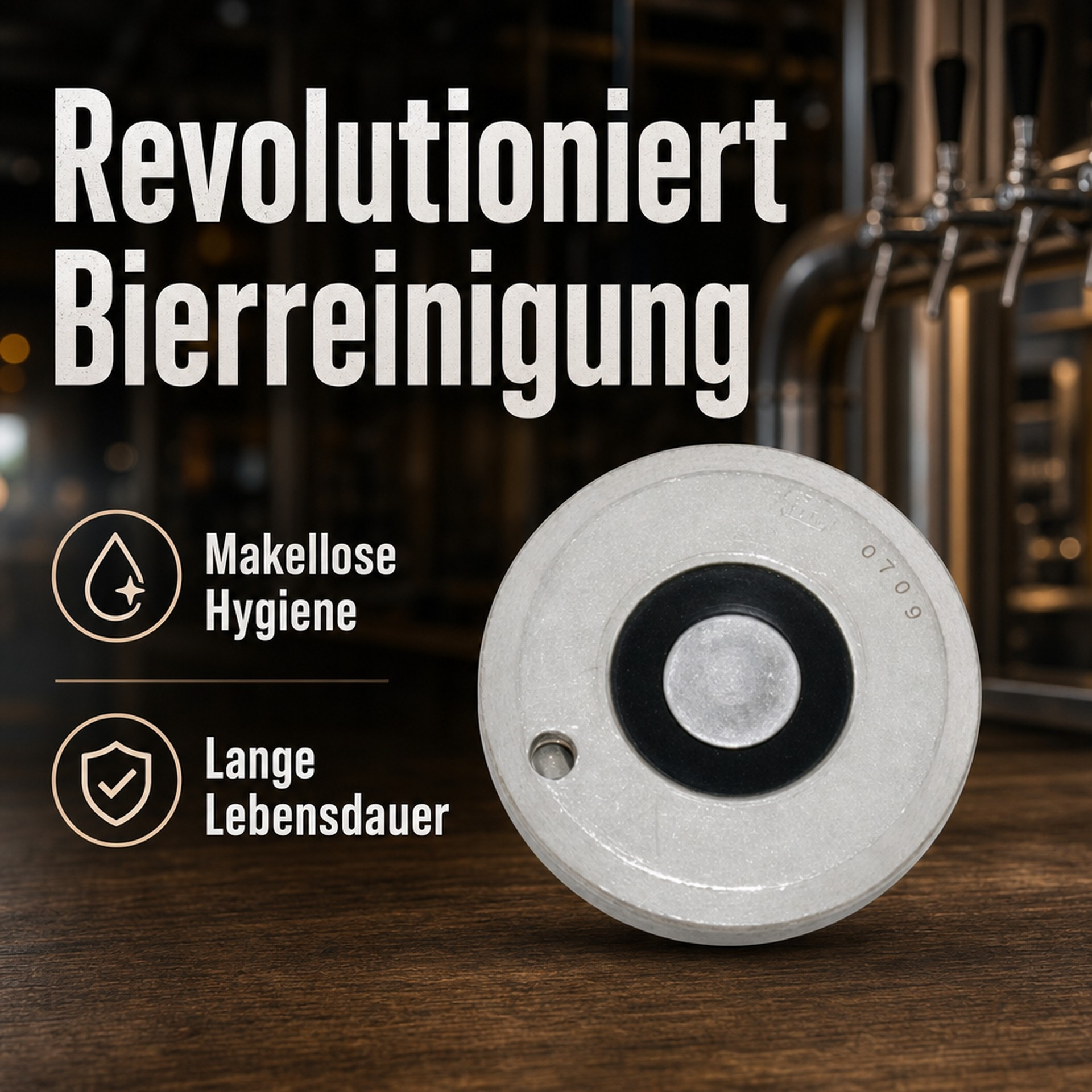 Een cilindrisch metalen onderdeel op hout, met tapkranen en Duitse tekst over bier reinigen.