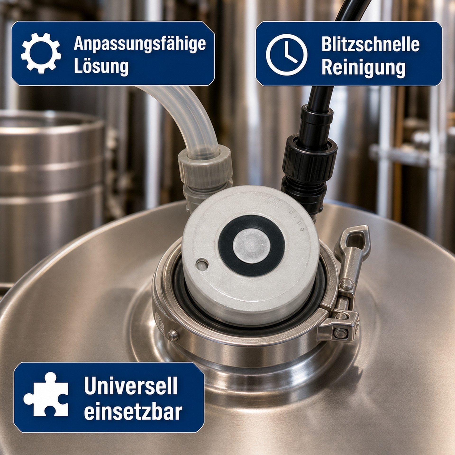 Industriële roestvrijstalen fitting met twee slangen en drie blauwe infopanelen.