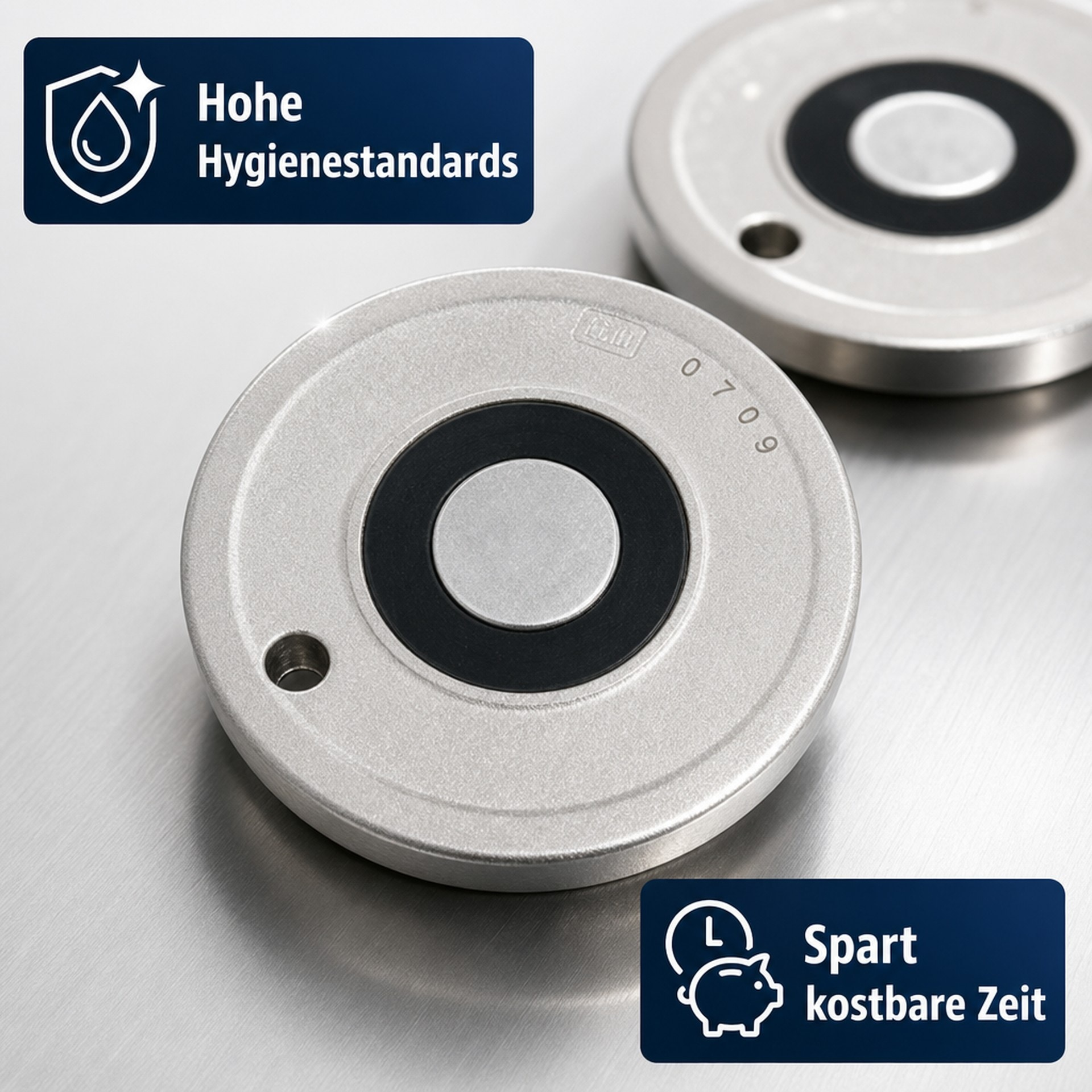 Twee ronde metalen componenten op roestvrij staal, met tekstblokken over hygiëne en tijdsbesparing.