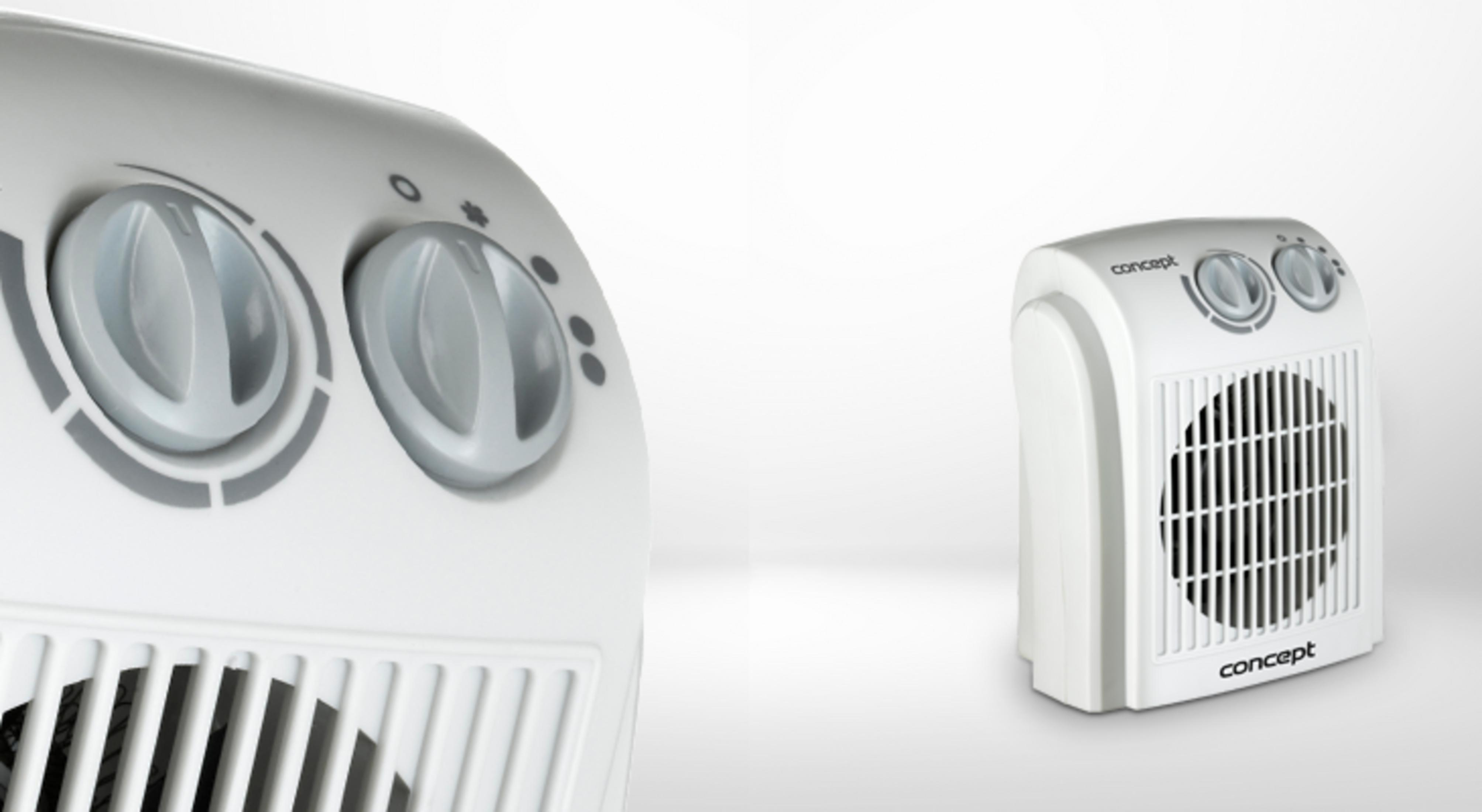 Caloventor Concept blanco con dos diales de control grises y rejilla de ventilación sobre fondo blanco.